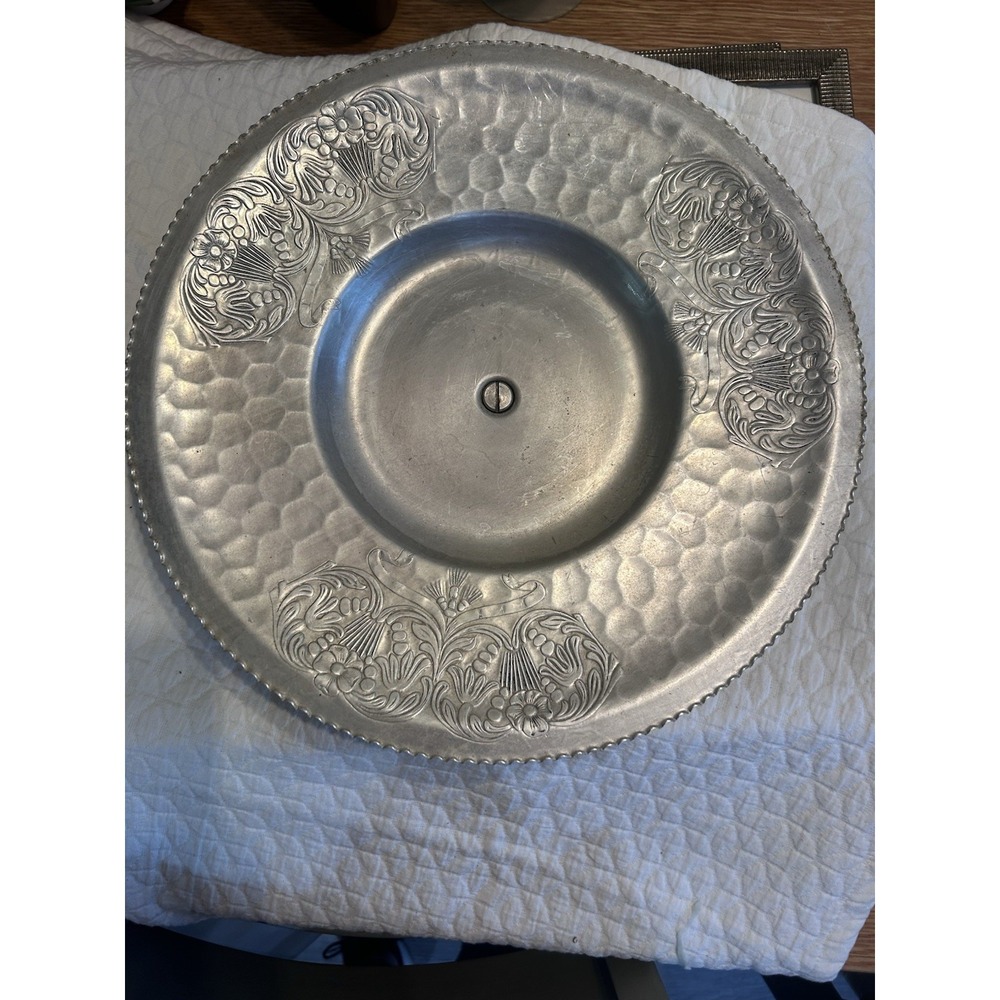 Vintage Aluminum Pedestal Cake Stand Display Platter 14" Embossed Mid Century